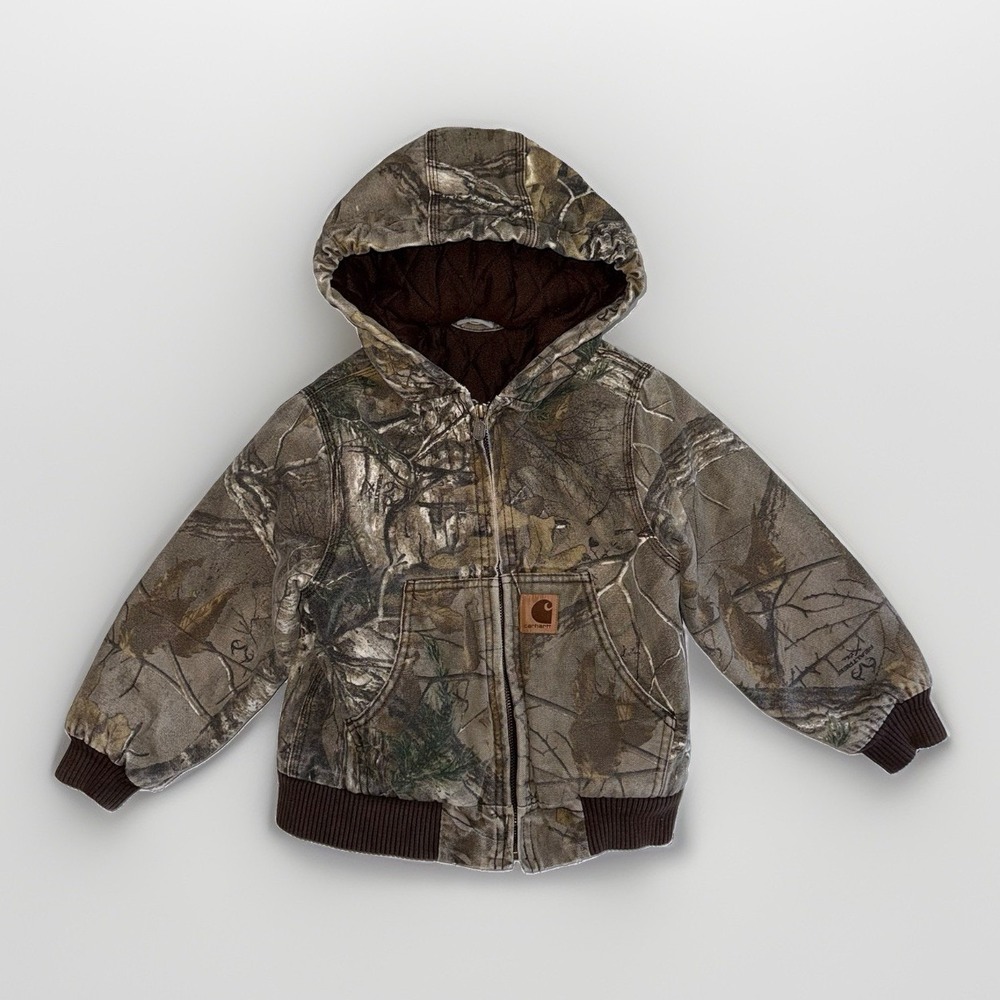 Carhartt Youth Realtree Camo Quilted Hooded Jacket Boys XXS 4/5 Brown Canvas